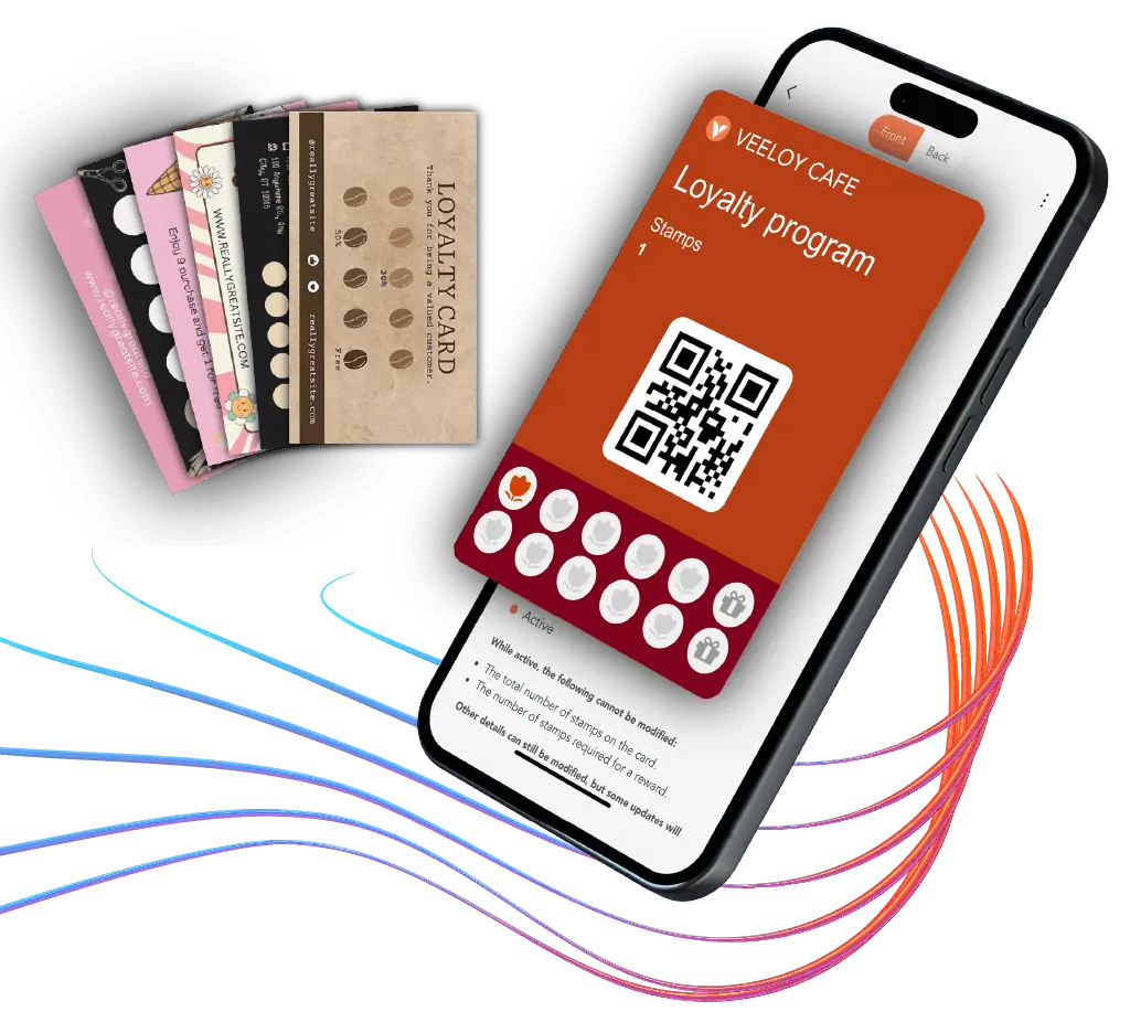 VeeCard App screenshot: Digital stamp card showing 'Spend X, Get Y' loyalty rewards